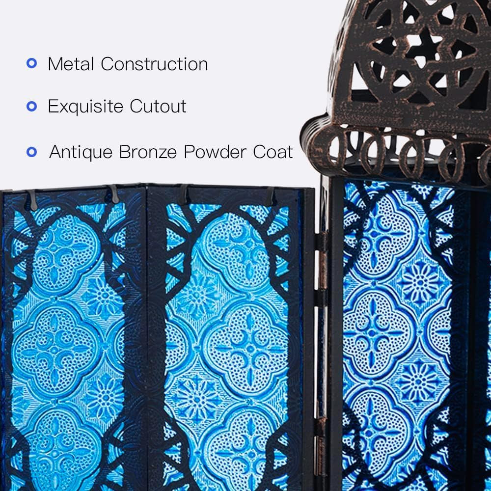 Christmas Lanterns Decorations Indoor & Outdoor, 11’’ Medium Size Vintage Metal Hanging&Tabletop Candle Holder Decor, Halloween Ramadan Decorations for Home Porch Patio(Blue)