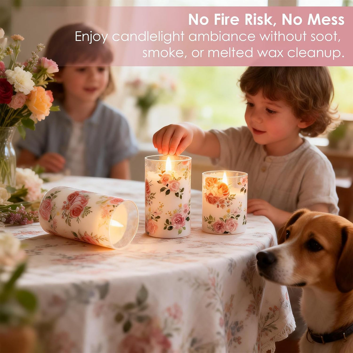 Flameless Rose Candles Glass, Pink Floral Battery Remote Candles | Romantic Pink Rose LED Candles Set of 3, Valentine'S Day Fake Battery Candles Gift Home Table Mantel Decor