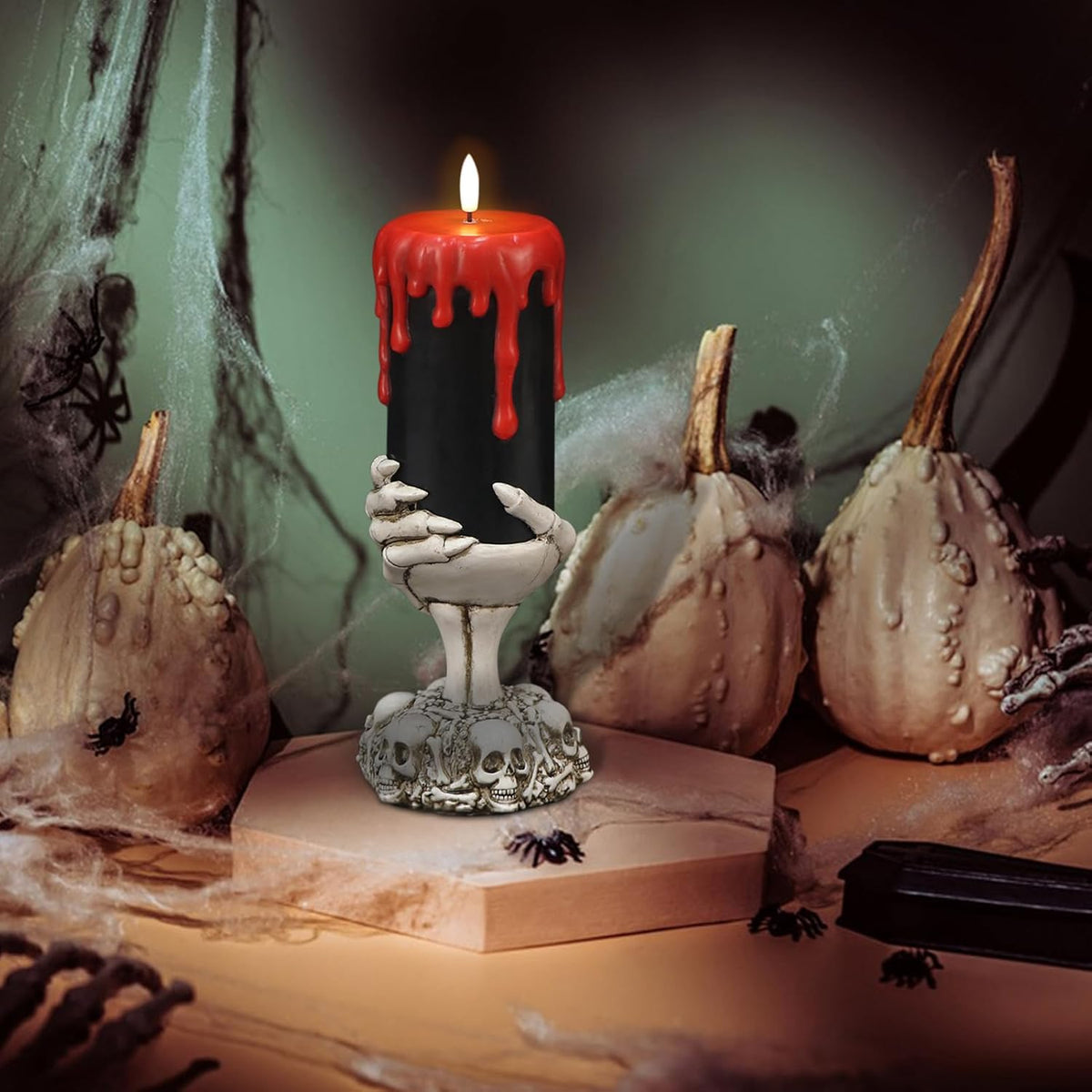 Black Flameless Pillar Candle Battery Operated with 6 Hour Timer | 3D Wick Flickering LED Candles, Blood Dripping Wax, Skeleton Hand Holder, Halloween Indoor Table Decor, 4"D X 11"H