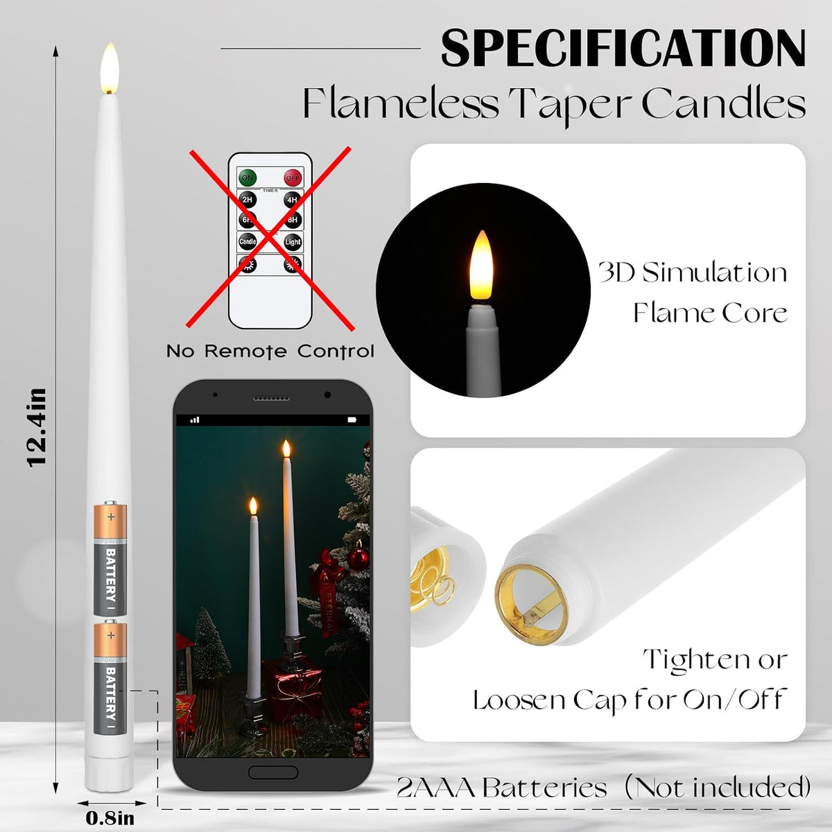 50 Pcs Extra Long Flameless Taper Candles 12.4 Inch Battery Operated Taper Candle Bulk LED Flickering White Candlesticks for Wedding Church Table Centerpiece Halloween Christmas Party Decor