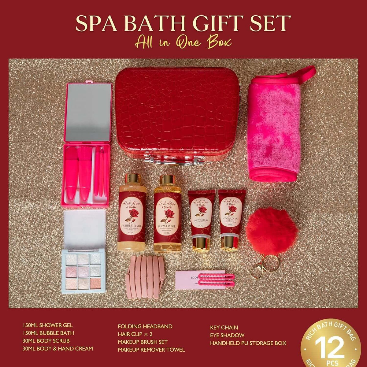 Bath Spa Gift Basket for Women, Rose Vanilla Scent | Birthday Gift