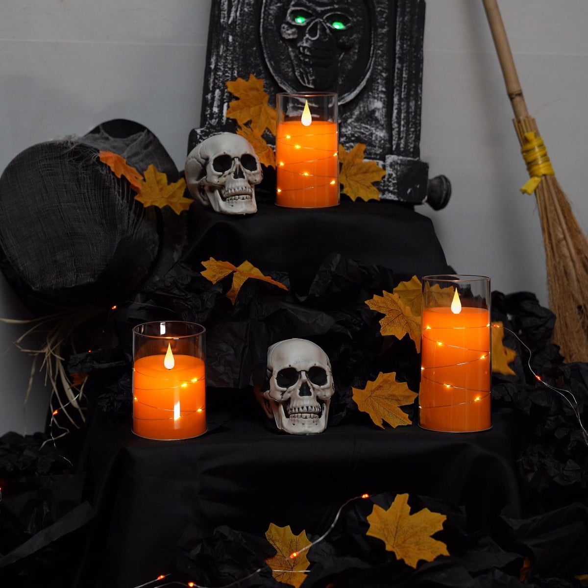 Halloween Orange Flameless Candles with String Lights, Battery Operated LED Candles with Remote and Timer, Candles for Halloween Decoration, Fall, Harvest Festival