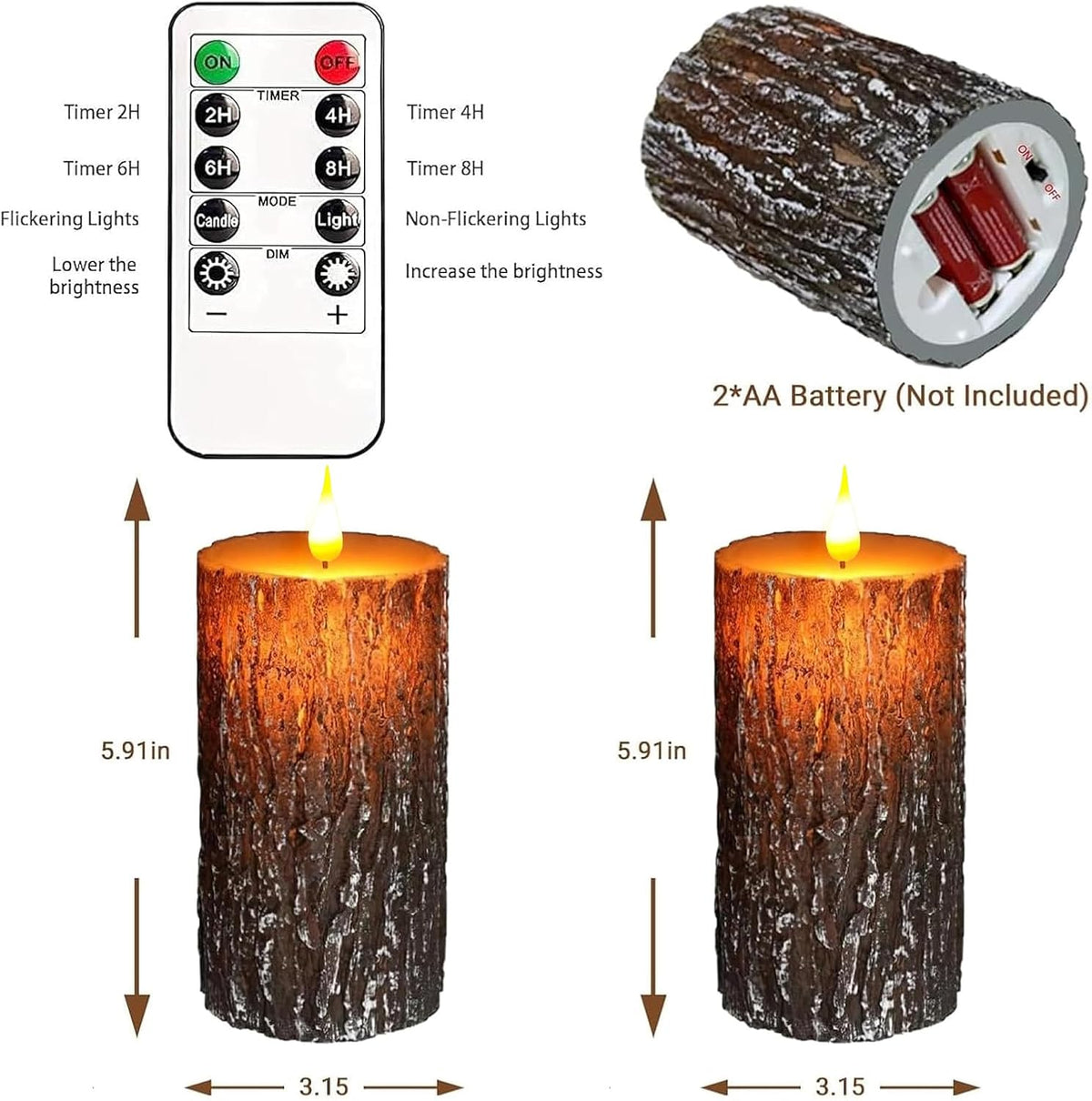 Pine Bark Flameless Candles Set of 2, Christmas Candles with Remote & Timer | 6"X3" Flickering Real Wax Pillar Candles Battery Operated, Electric LED Candles Light for Rustic Home Christmas Decor