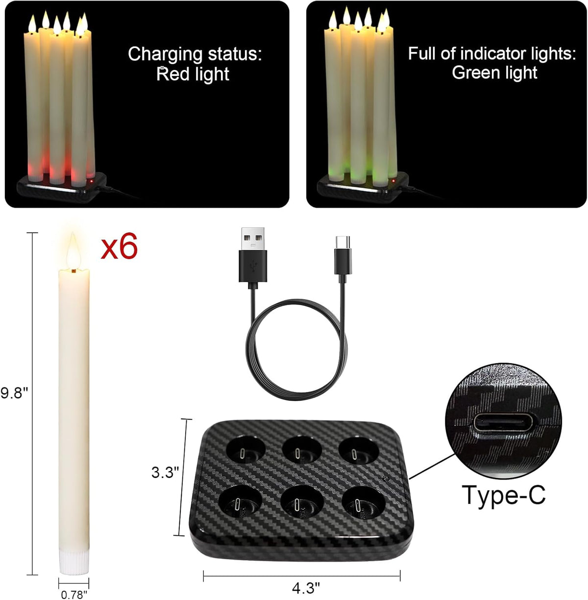 Rechargeable Flameless Taper Candles Charging Base & 2 Remote Ivory | LED Candles Battery Operated, Real Wax Rechargeable Candlesticks, Christmas Wedding Party Home Decor, 6 Pack, 0.78 X 9.8 In