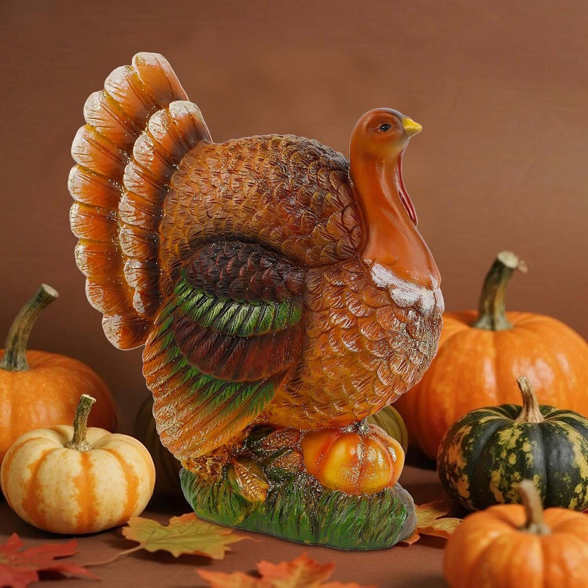 Thanksgiving Resin Turkey Table Decorations, 9.5" Tall | with Pumpkin, Hand-Painted, Fall Turkey Figurine Centerpieces for Tables, Home Kitchen Office Harvest Decor
