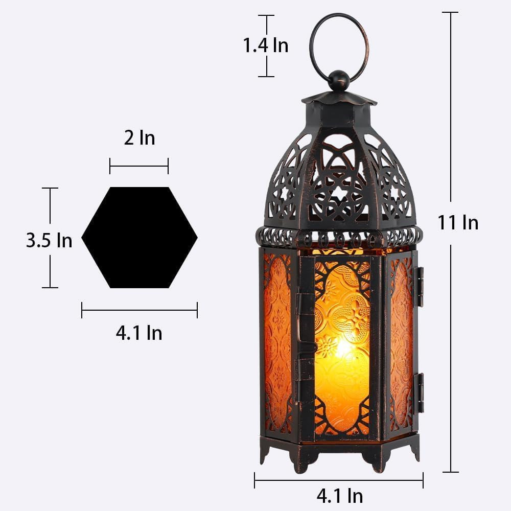 Set of 2 Moroccan Lanterns Decorative Indoor & Outdoor, 11’’ Medium Size Vintage Metal Hanging&Tabletop Candle Holder Decor, Halloween Christmas Ramadan Decorations for Home (Amber)