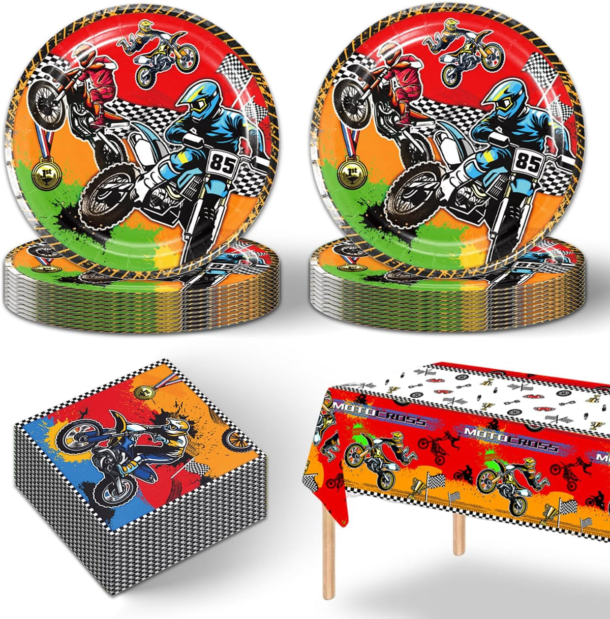 41Pcs Dirt Bike Party Supplies ,Include 20 Plates, 20 Napkin and 1Pcs Tablecloth,Used for Motocross Dirt Bike Birthday Party Decoration (Orange Dirt Bike)