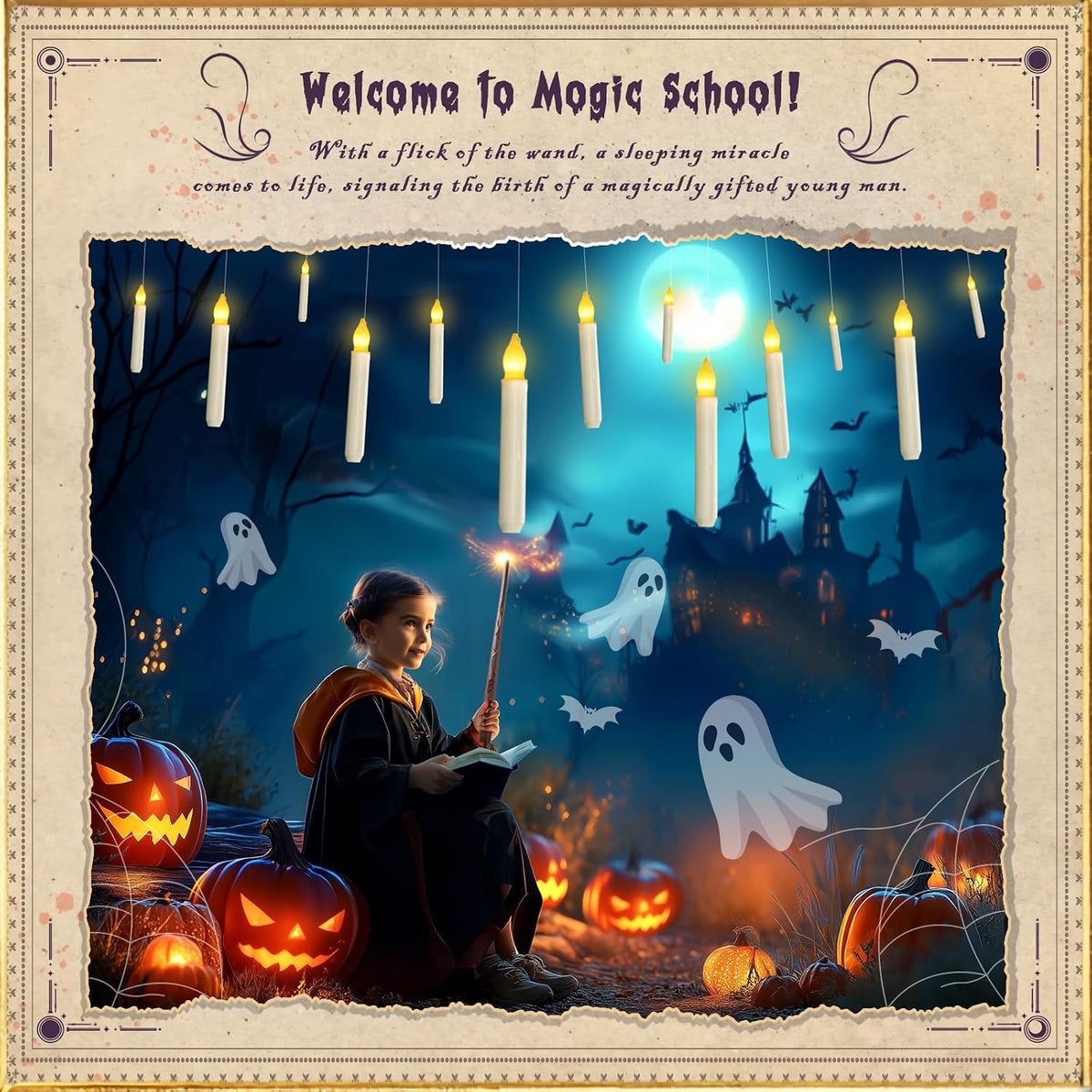 20 Pcs Floating Candles with 2 Wand, LED Warm Yellow Magic Deco Candle, Warm Yellow Flameless Taper Candles for Halloween Party Decor