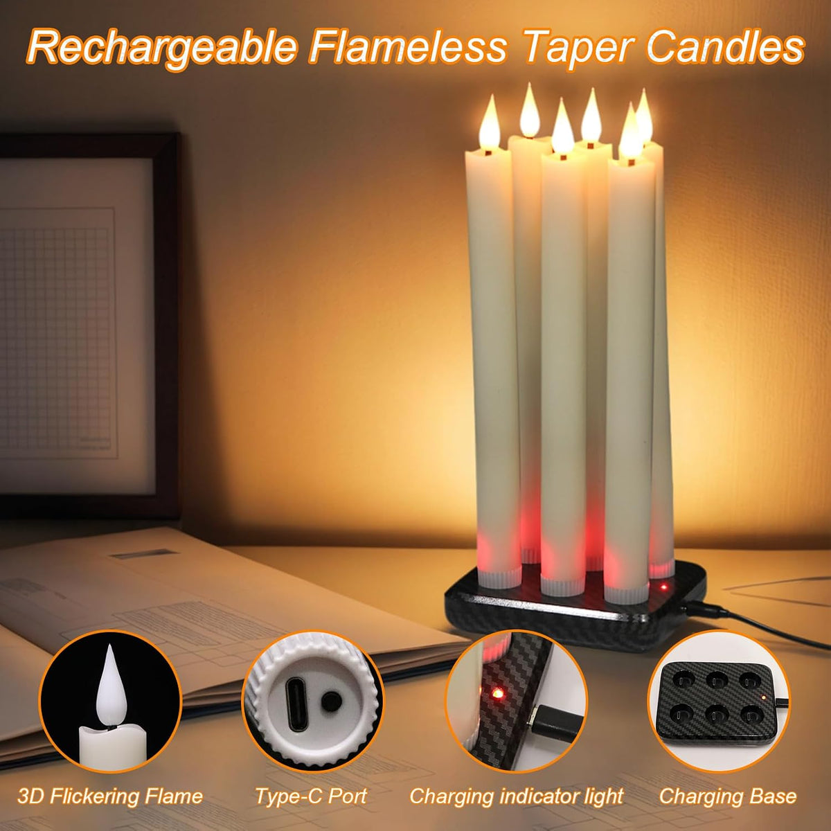Rechargeable Flameless Taper Candles Charging Base & 2 Remote Ivory | LED Candles Battery Operated, Real Wax Rechargeable Candlesticks, Christmas Wedding Party Home Decor, 6 Pack, 0.78 X 9.8 In