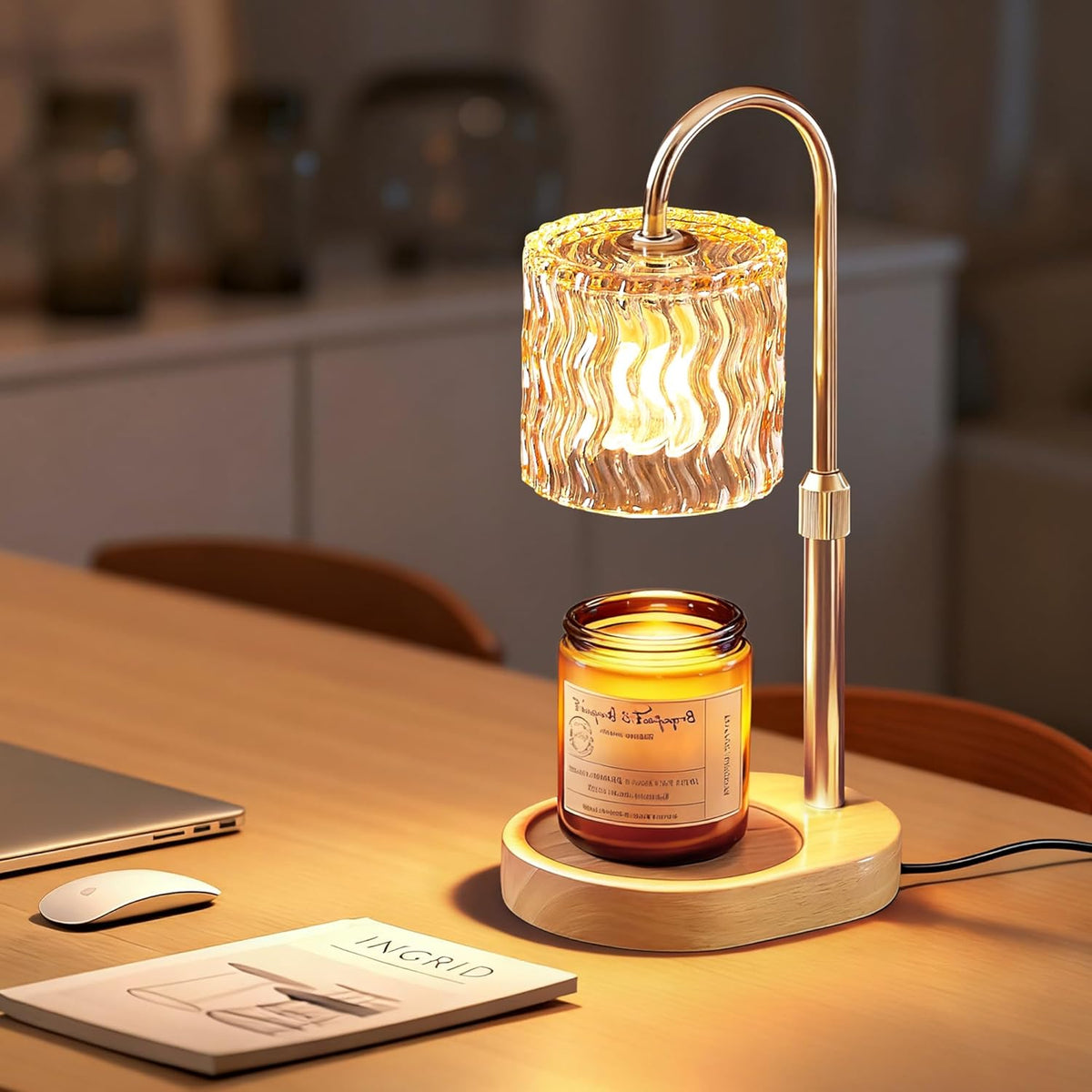 Decorative Ripple Glass Candle Warmer Lamp, Dimmable | Gold Warmer Lamp with Timer Adjustable Height, Flameless Cozy Warmer Home Décor for Bedroom, Bathroom, Tea Room, Rest Room