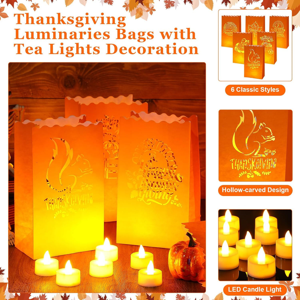 24 Thanksgiving Luminary Bags with LED Lights, 6 Designs Orange | Flame Resistant Paper Lantern for Party, Includes Flameless Candles, Squirrel Turkey Pumpkin Maple Leaf Autumn Patterns