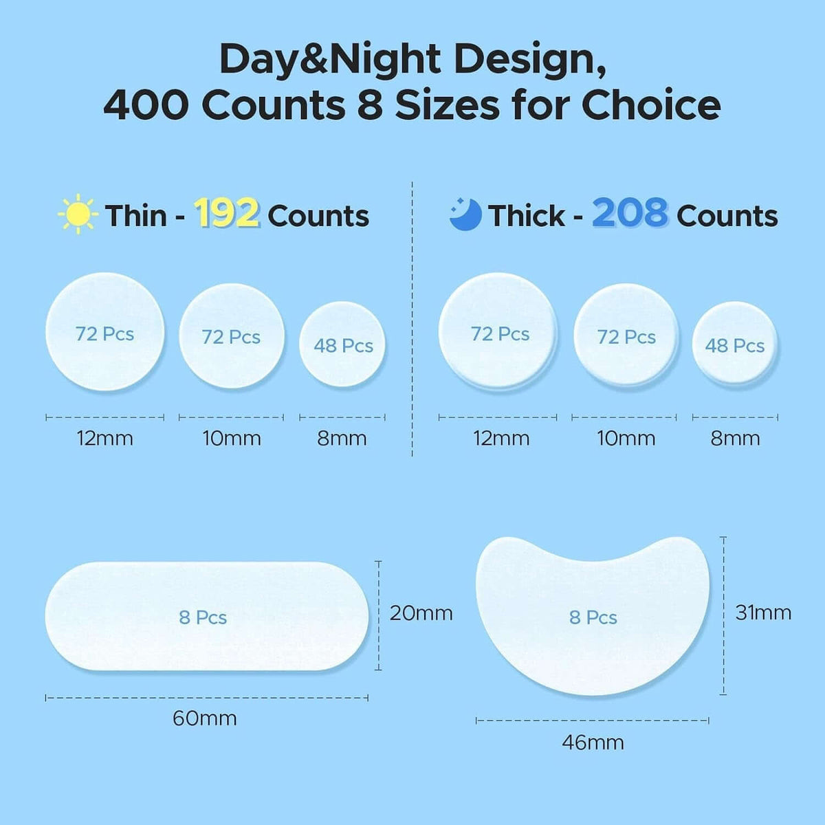 Pimple Patches for Face, 5 Sizes 400 Counts Hydrocolloid Acne Patch, Day & Night Spot Stickers Variety Pack, Thin & Thick for Covering Zits, Pimples, Large Breakouts, Chin, Forehead