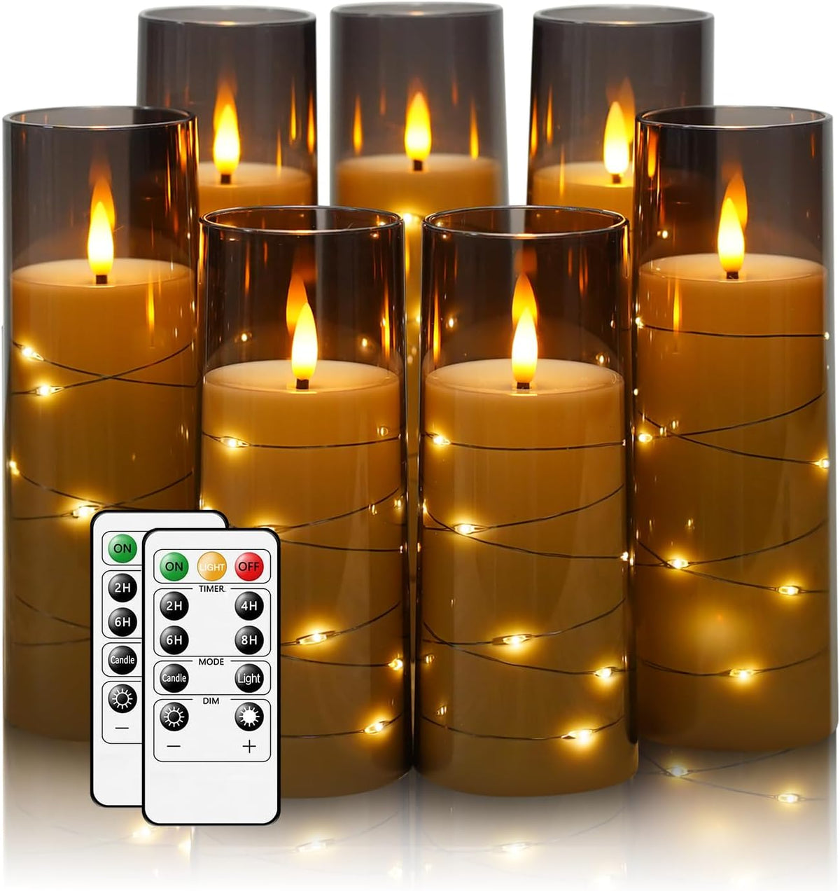 Flameless Candles,With Embedded Star String, Battery Operated Candles Flickering LED Pillar Candles with Remote Control and Timer, Home Decoration Add a Warm and Romantic Atmosphere，Set of 7 (Grey)