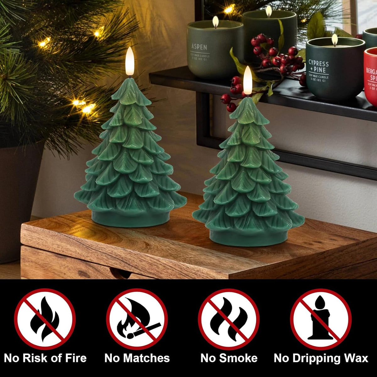 Christmas Tree Flameless Candles Battery Operated with 6H Timer | Real Wax Lifelike Leaves 3D Wick Flickering, LED Pillar Candle Long Lasting, Winter Holiday Indoor Decor, 2.76"X 5.9", 2 Pack