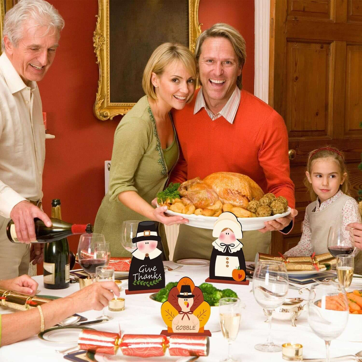 3Pcs Thanksgiving Decorations Wooden Table Centerpiece Thanksgiving Table Decorations Turkey Pilgrim Couple Table Topper for Autumn Harvest Party Home Office Tiered Tray Decor
