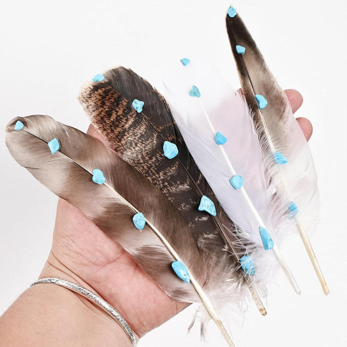 4PCS Hat Feathers Handmade Turquoise Studded Natural Feathers for DIY Craft Fedora Cowboy Oktoberfest Trilby Hats Holiday Party Accessories Decorations