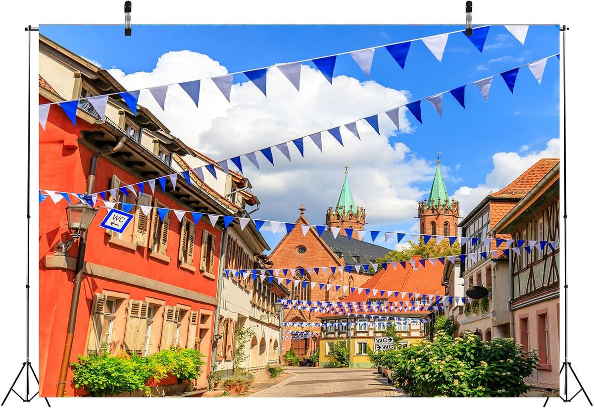 7X5Ft Fabric Oktoberfest Backdrop Germany Bavaria Town Street with Bavarian Flags Beer Festival Backdrop Rothenburg Ob Der Tauber Background Munich Carnival Party Decorations Photo Studio Props