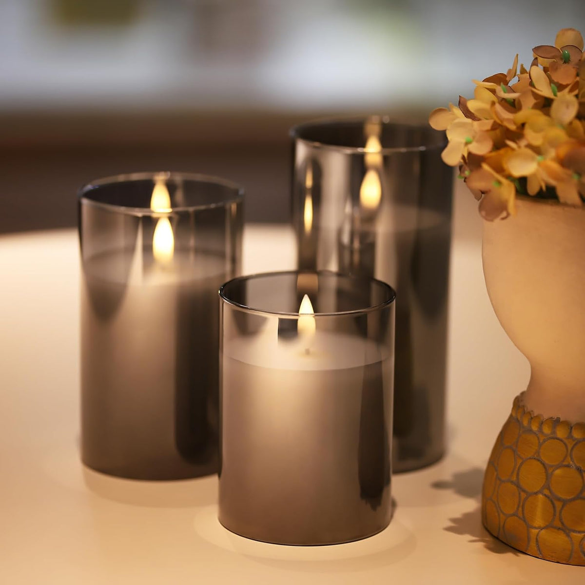 Flameless Candles Battery Operated Candles LED Pillar Grey Glass Candles | 10-Key Control with Remote and Timers for Indoor Party, Wedding,Tabletop Halloween Decorations, H 4" 5" 6", Set of 3