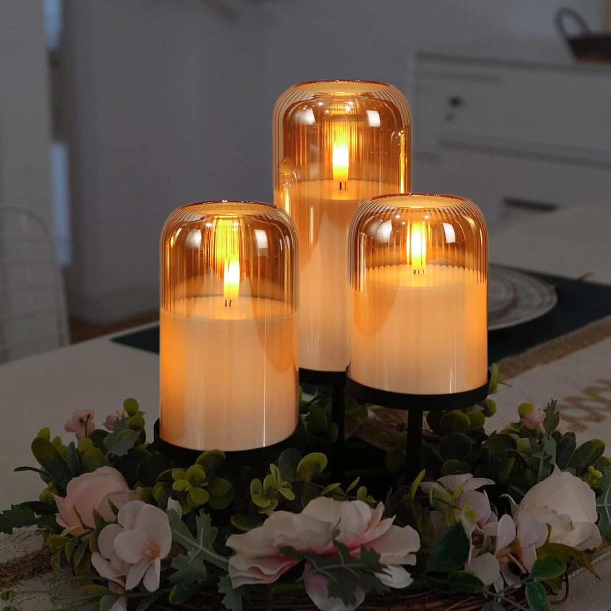 Striped Glass Flameless Candles Battery Operated with Remote Timer | Gray LED Flickering Pillar Candle, 3D Wick Long Lasting, Dinner Wedding Christmas Holiday Decor, 3"D X 4",5",6"H, 3 Pack