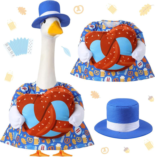1 Set Oktoberfest Goose Outfit 23 Inch Hat Cape Pretzel,Bread | Bavarian Costume for Cement Statue, Blue Felt Hat with Ribbon, Pretzel Decor, Patterned Cape, Porch Yard Garden Outdoor