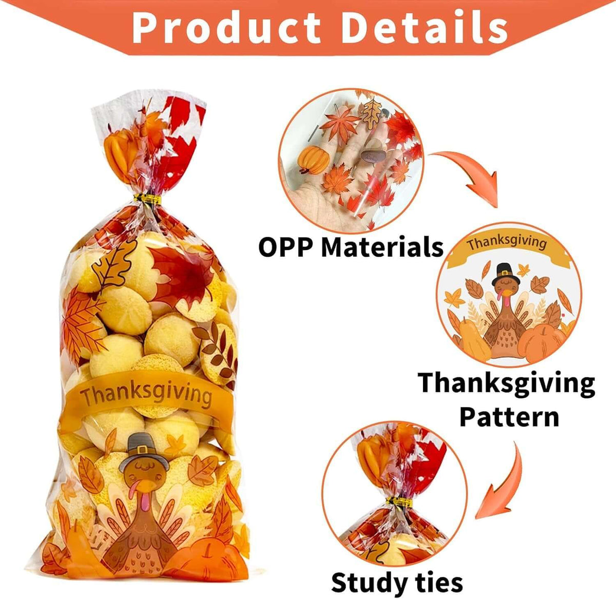 50PCS Thanksgiving Treat Bags with 60 Twist Ties – Fall Cellophane Gift Bags for Cookies, Candy, Snacks, and Party Favors – Pumpkin, Turkey & Maple Leaf Thanksgiving Goodie Bags for Kids