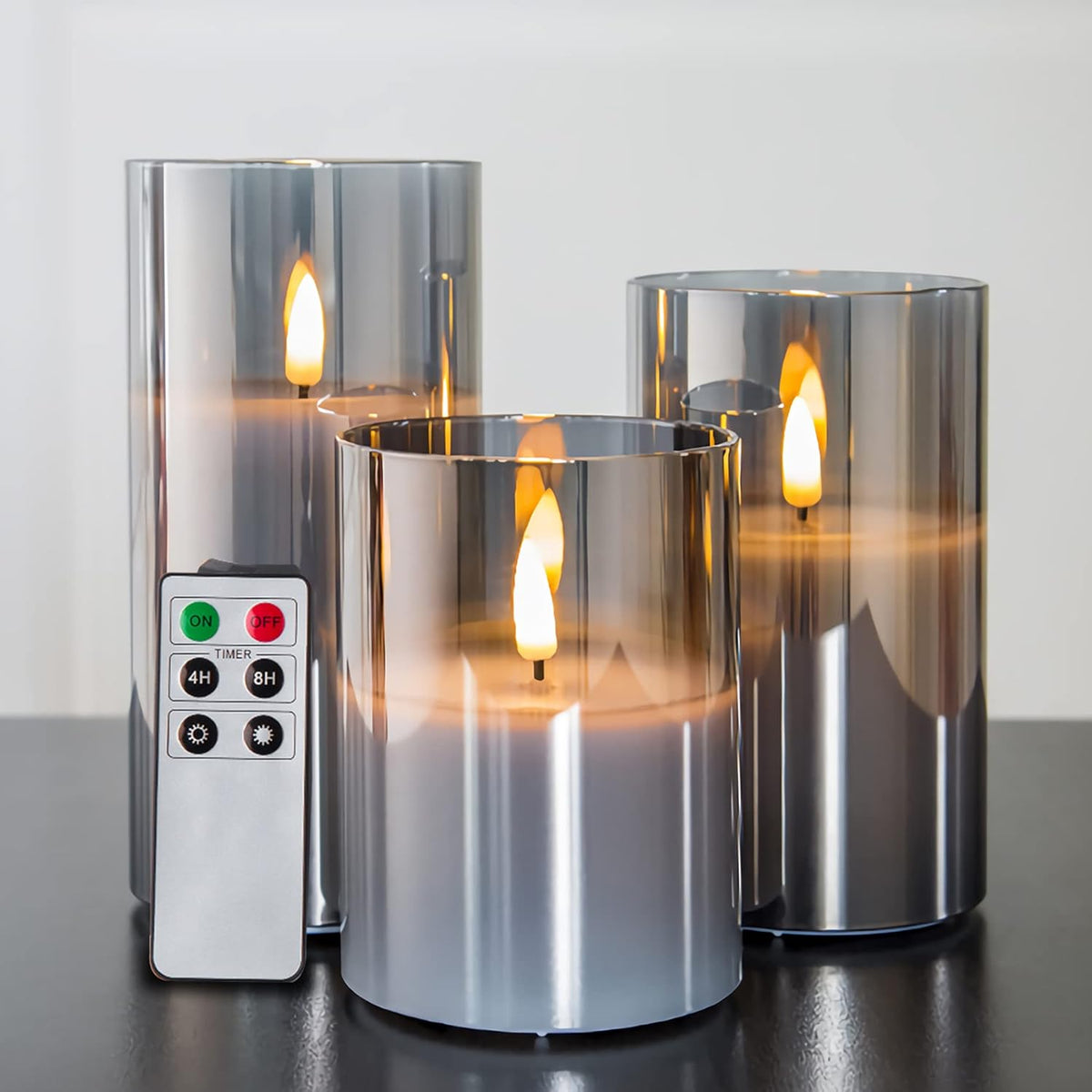 Smoke Grey Glass Flameless Pillar Candles with Remote, Flickering LED Battery Candles Table Decor Set of 3