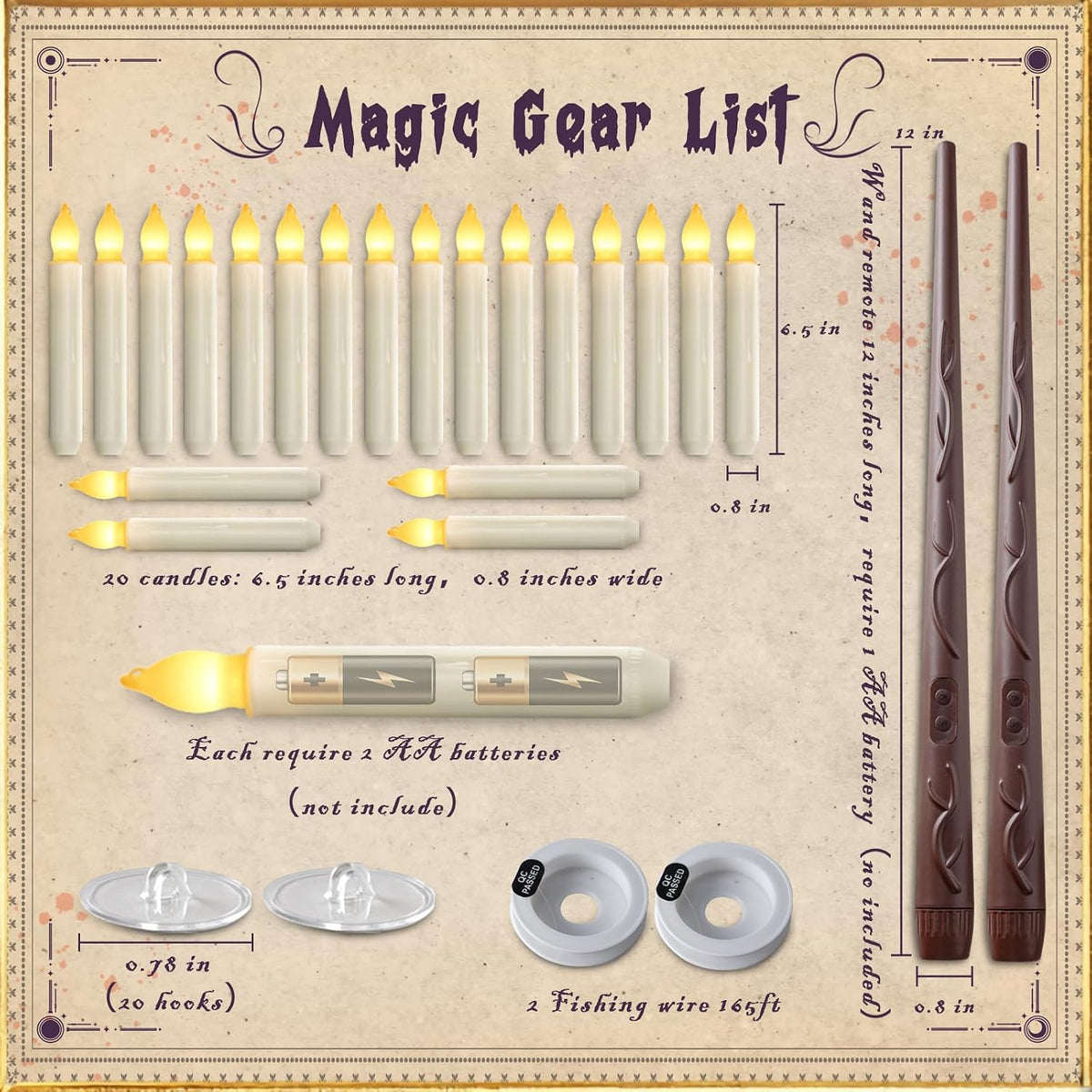 20 Pcs Floating Candles with 2 Wand, LED Warm Yellow Magic Deco Candle, Warm Yellow Flameless Taper Candles for Halloween Party Decor