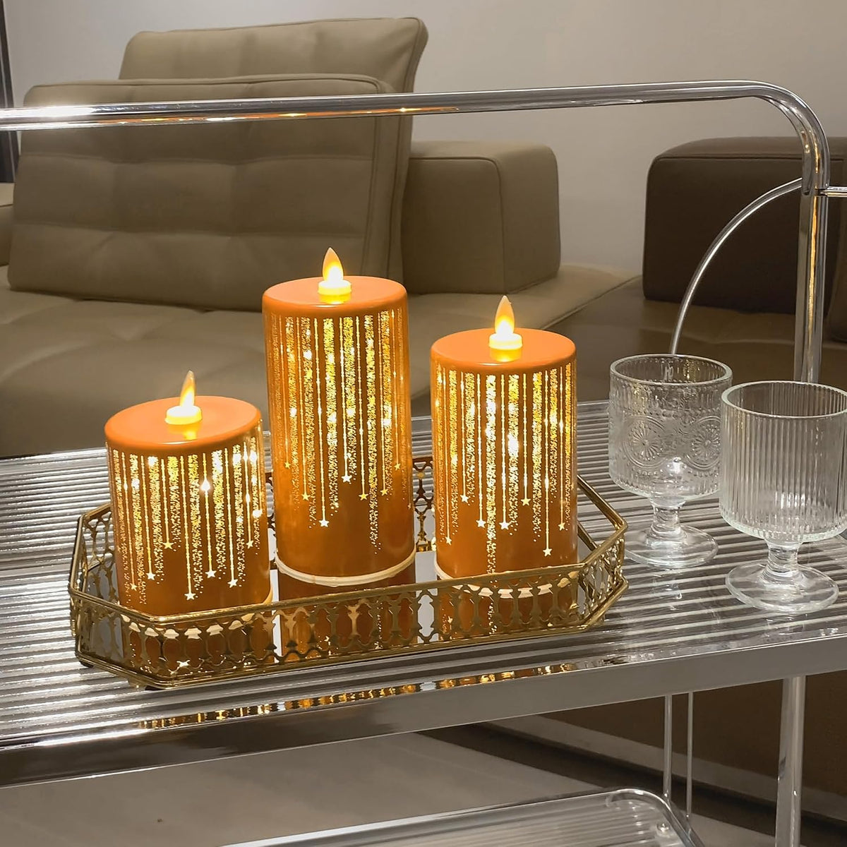 Led Candles Flickering Flameless Candles Battery Operated Fake Electric Luminara Gold Fall Decorations Fireplace Mantle Decor for Living Room Table Centerpieces for Dining Room Bathroom (Orange)