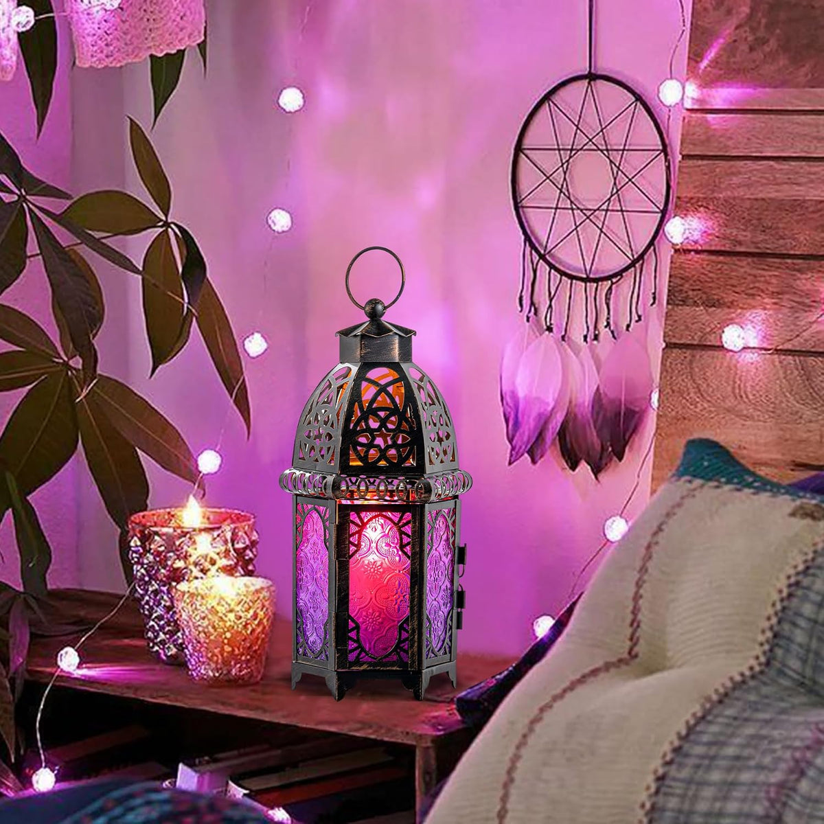 Halloween Decorations Indoor, Purple Decorative Candle Lantern for Moroccan Light Decor, 12.8’’ Vintage Metal Hanging&Tabletop Lantern, Ramadan Lantern for Home Outdoor Patio(Purple)
