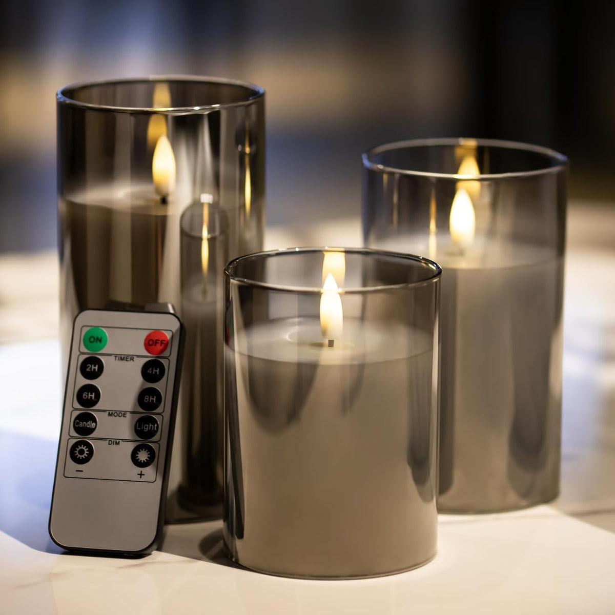 Flameless Candles Battery Operated Candles LED Pillar Grey Glass Candles | 10-Key Control with Remote and Timers for Indoor Party, Wedding,Tabletop Halloween Decorations, H 4" 5" 6", Set of 3