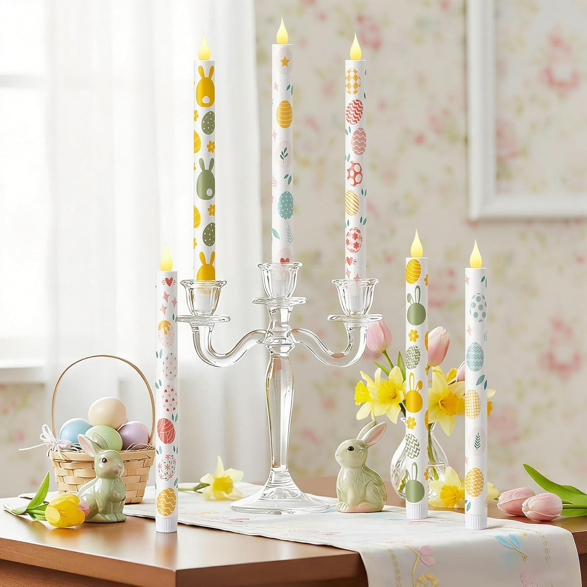 6 Pcs Easter Flameless Taper Candles 10.6 Inch Colorful Egg Bunny Candles Battery Operated LED Candlesticks for Easter Dinner Table Home Party Decor