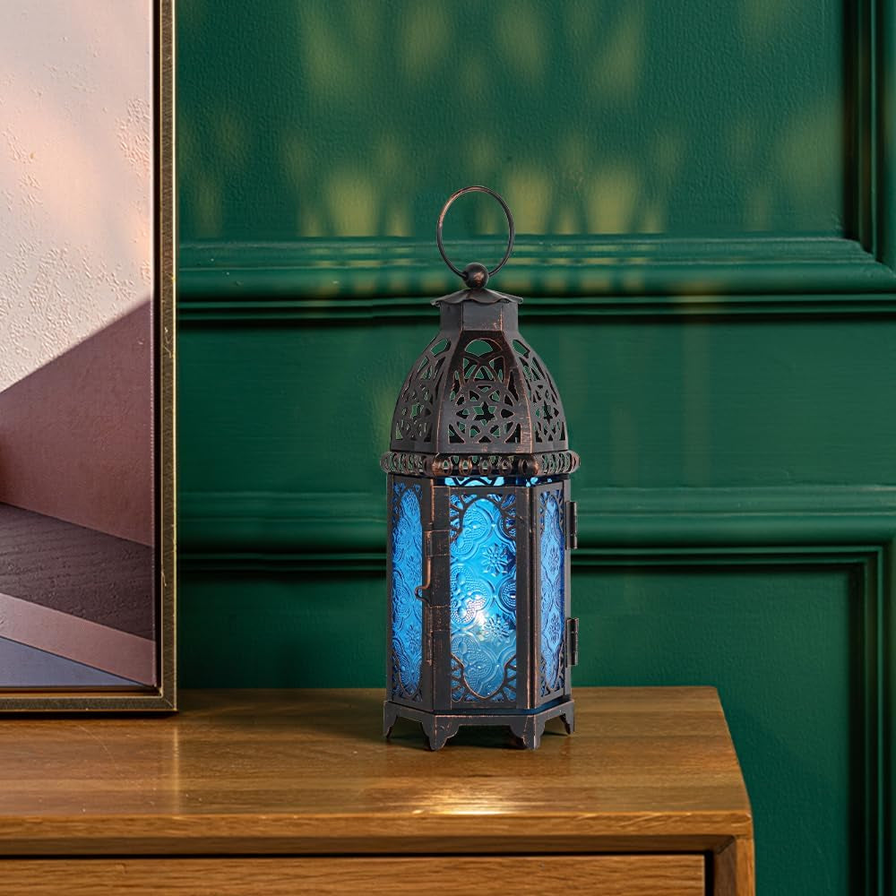 Christmas Lanterns Decorations Indoor & Outdoor, 11’’ Medium Size Vintage Metal Hanging&Tabletop Candle Holder Decor, Halloween Ramadan Decorations for Home Porch Patio(Blue)