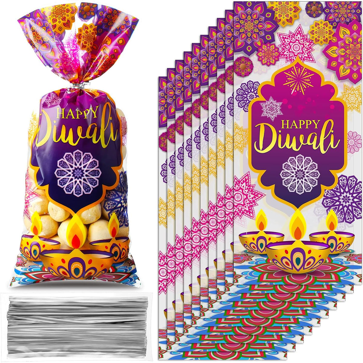 100 Pieces Happy Diwali Party Favor Bags, Festival of Lights Gift Candy Bags with Twist Ties Cellophane Plastic Treat Goodie for Party, Indian Celebration Supplies Decoration