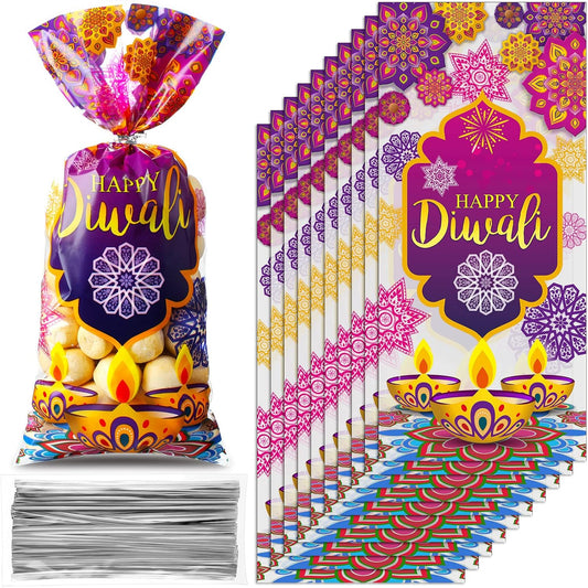 100 Pieces Happy Diwali Party Favor Bags, Festival of Lights Gift Candy Bags with Twist Ties Cellophane Plastic Treat Goodie for Party, Indian Celebration Supplies Decoration