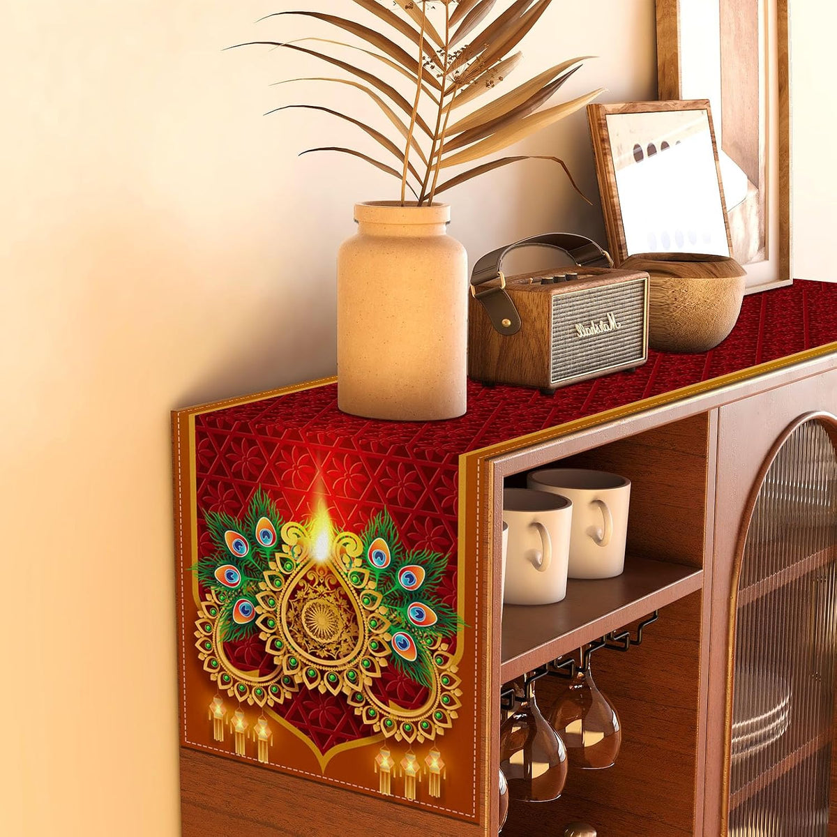 Diwali Table Runner Happy Diwali Tablecloth Indian Deepavali Decor Festival of Lights Decoration and Supplies for Home Kitchen Table-13×72''
