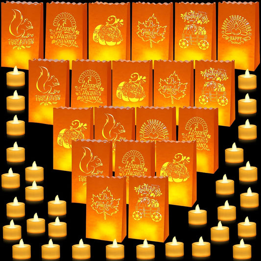 24 Thanksgiving Luminary Bags with LED Lights, 6 Designs Orange | Flame Resistant Paper Lantern for Party, Includes Flameless Candles, Squirrel Turkey Pumpkin Maple Leaf Autumn Patterns