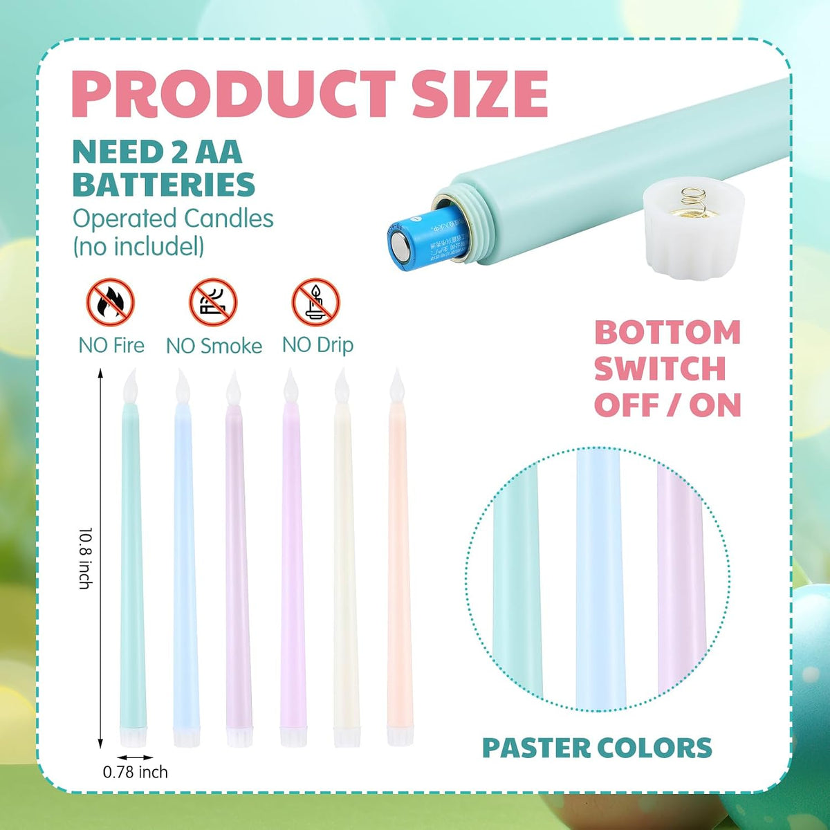 6 Pcs Easter Flameless Taper Candles 10.8 Inch Pastel Candles Battery Operated LED Candlesticks for Easter Dinner Table Home Party Decor