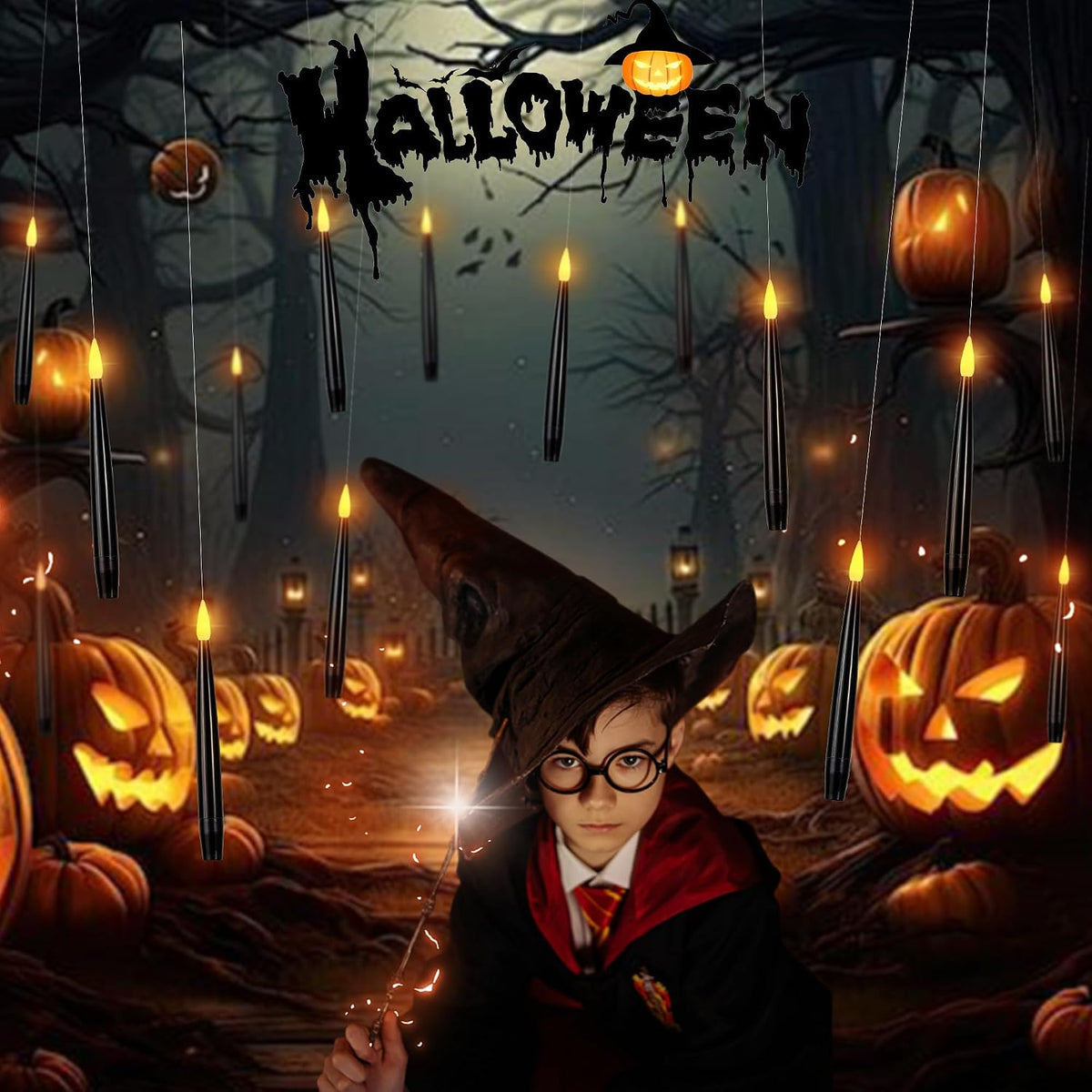 Floating Candles with Wand, Halloween Magic Flameless Candles | 10 Pack Magic Hanging Candles, Black Flameless Taper Candles with Wand Remote, Halloween Battery Candlesticks