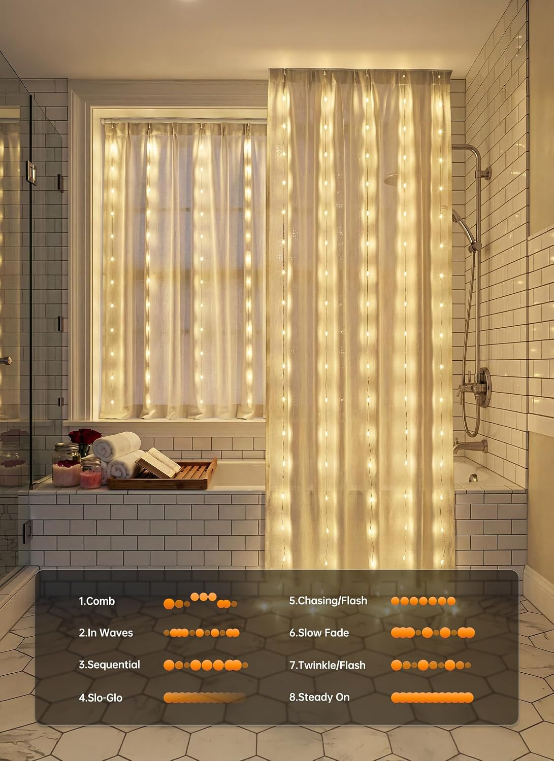 180 LED Shower Curtain Lights, 70 Inch Warm White IP65 Waterproof | 8 Modes Warm White Battery Operated Fairy String Lights for Bathroom Spa Mood Lighting for Dark Bathrooms and Outdoor Decor