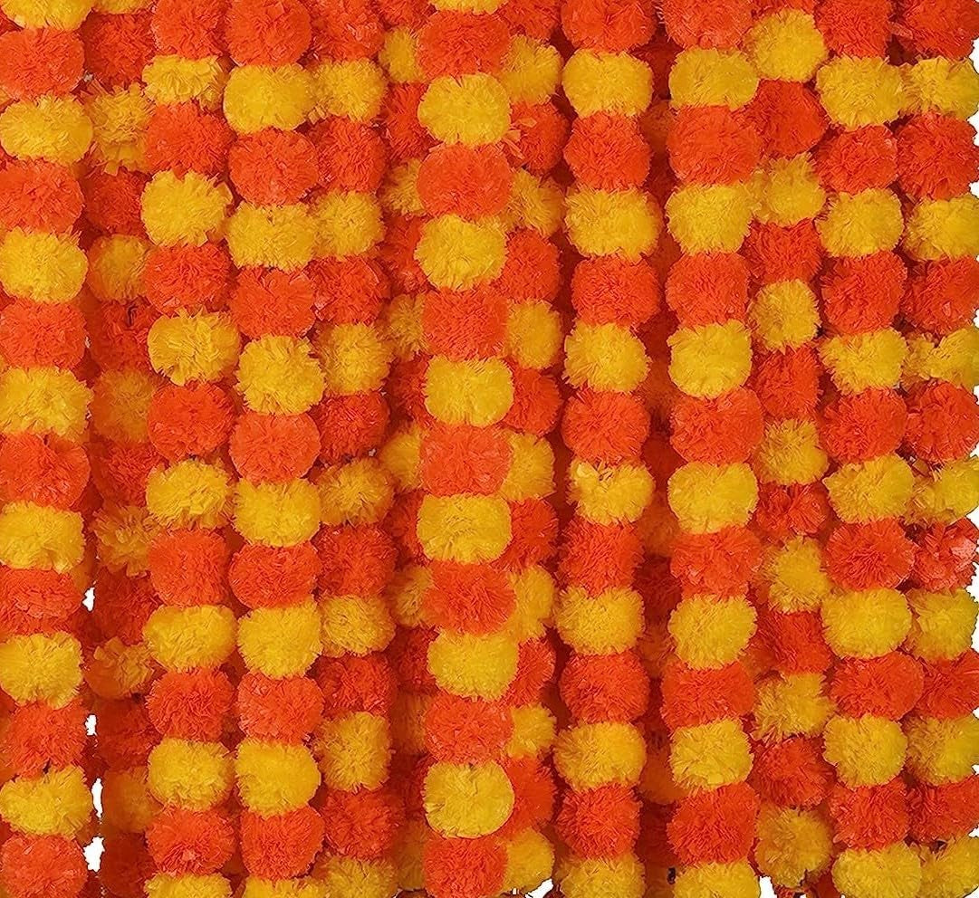 5 PC - 5 Feet Marigold Garland |Indian/American Wedding Party Mantle Decoration, Faux Garlands Wedding Garland, Diwali Decoration, Spring Bush Floral! (Yellow & Dark Orange)