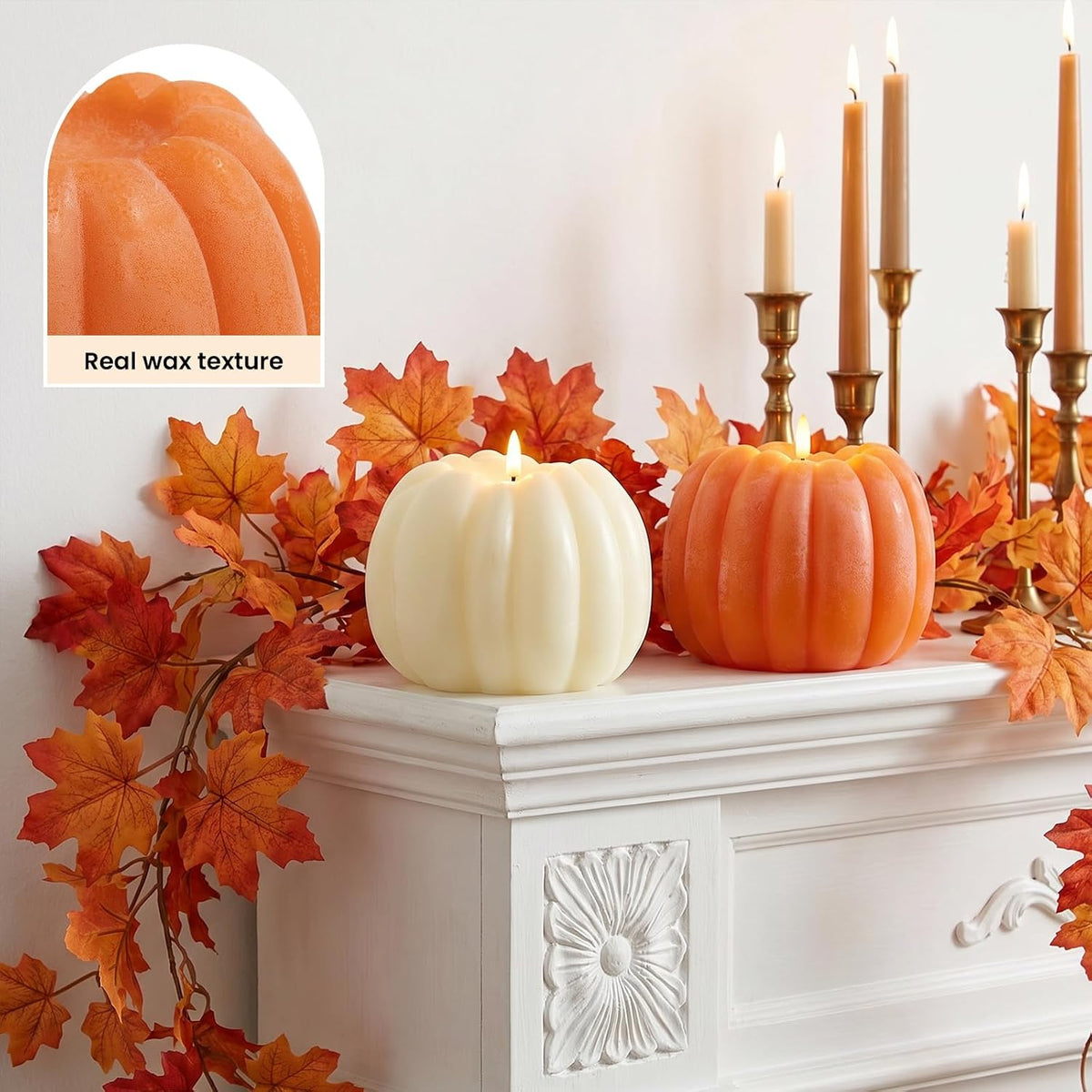 Fall Decorations for Home, Flameless Pumpkin Candle, Orange, White, 2Pack | Fall Decor for Thanksgiving, Halloween, Farmhouse, Table, Room, Kitchen, Wax, Remote, Timer, Battery Operated, 5.3"D, 5.1"H