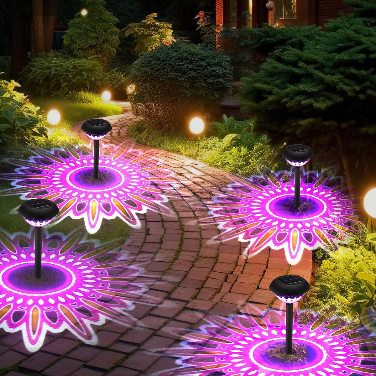 4 Pack Diwali Lotus Decoration Solar Pathway Lights Led Waterproof Lotus Lights Diwali Projector Lamp Outdoor for Garden Yard Patio Decor Indian Temples Pooja Gifts