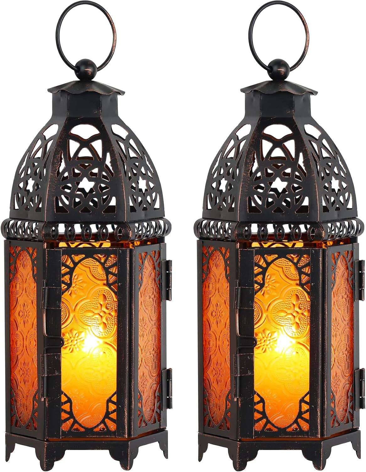 Set of 2 Moroccan Lanterns Decorative Indoor & Outdoor, 11’’ Medium Size Vintage Metal Hanging&Tabletop Candle Holder Decor, Halloween Christmas Ramadan Decorations for Home (Amber)
