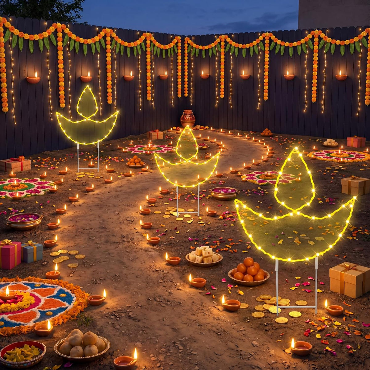 3 Pcs Indian Diwali Diya Solar Lights Outdoor 12.7 Inch Diwali Diya Lighted Yard Stakes Waterproof Solar Lamps for Hindu Deepavali Party Decorations 6–8 Hour Runtime