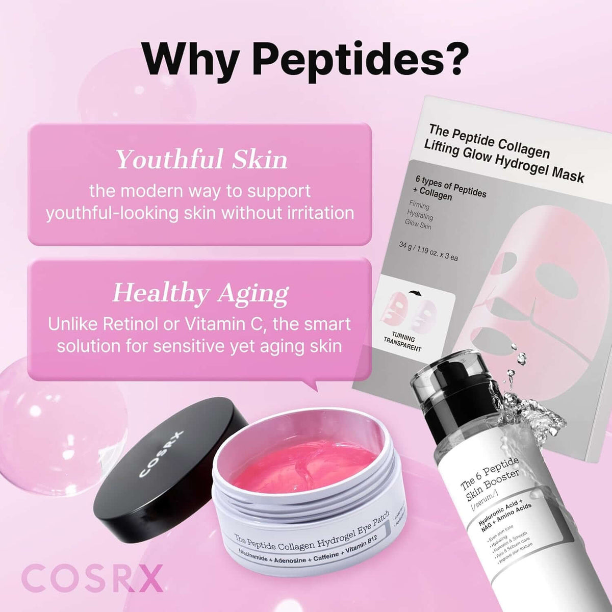 Pink Peptides Collagen Hydrogel Eye Patch for Puffy Eyes (60) | Cooling & Firming under Eye Patches with 4-Peptide & Caffeine, Depuffing Gel Eye Mask, Korean Skin Care