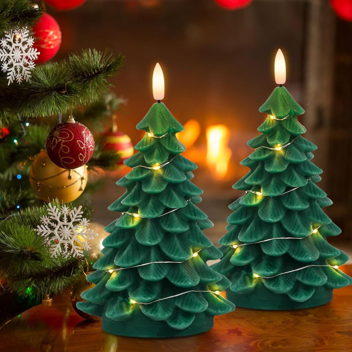 Christmas Tree Flameless Candles String Lights Remote and Timer | Battery Operated LED Pillar Candles, Real Wax Lifelike Leaves 3D Wick Flickering, Holiday Indoor Decor, 3"Dx7.1"H, 2 Pack