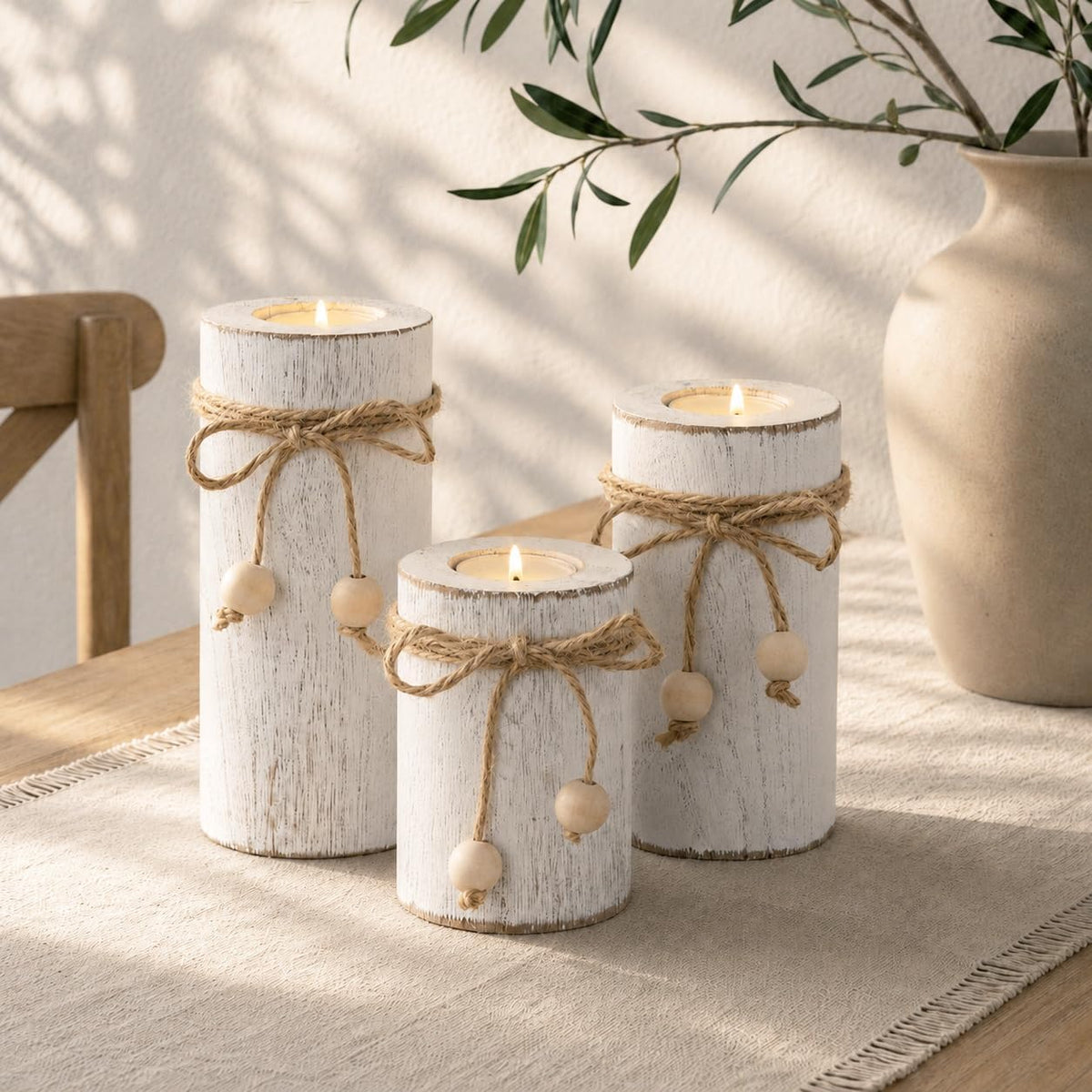 White Wooden Candle Holder with Flameless LED Candles Modern Boho Decor 3P | Farmhouse Centerpieces for Table 3-Pack with Battery Operated for Candles Holiday Party Home Decor