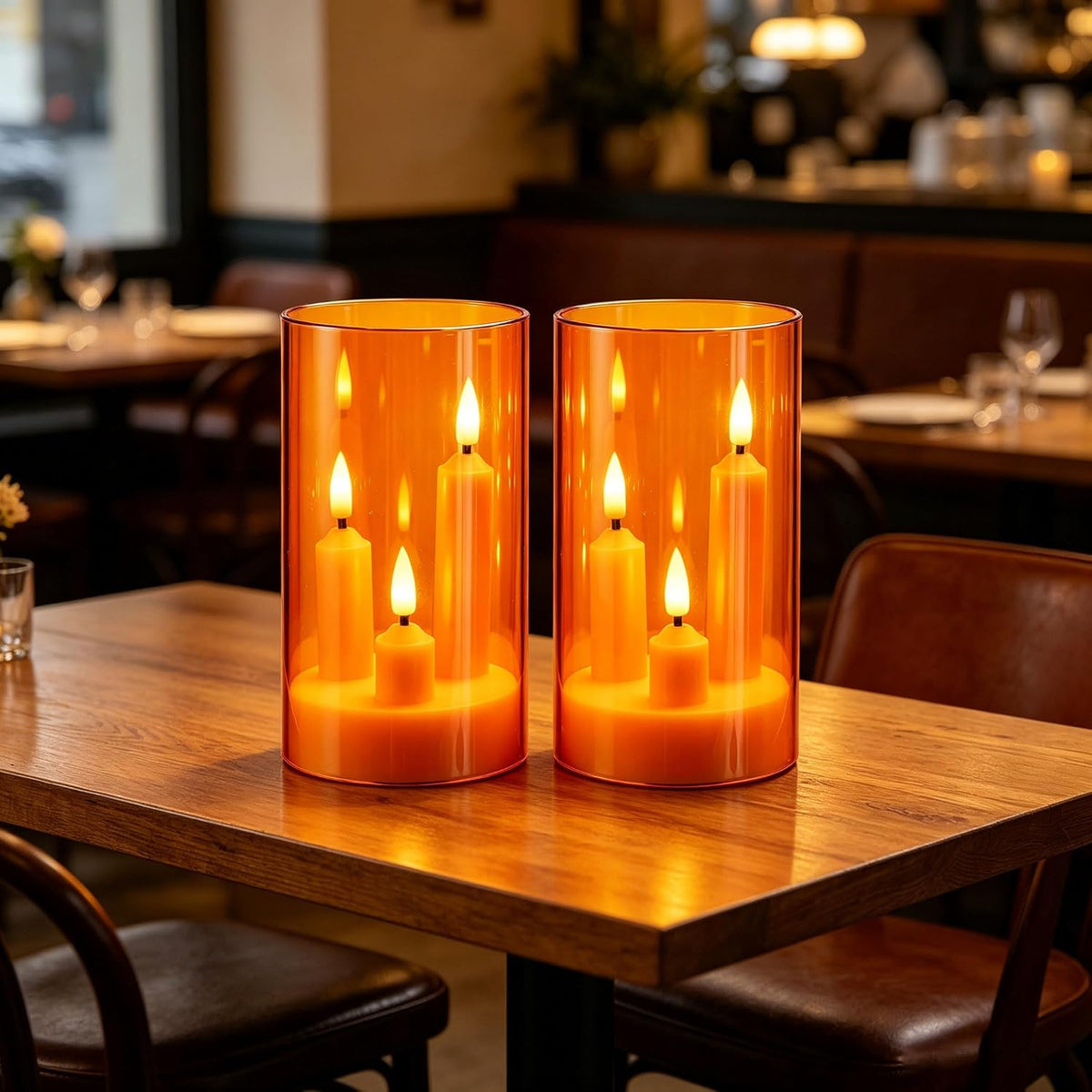 2 Pack 3D Wick Flameless Taper Candles, Orange Transparent Acrylic Cover, Remote Control Flickering LED Electric Candles, Battery Operated for Halloween Thanksgiving Christmas Home Decor.