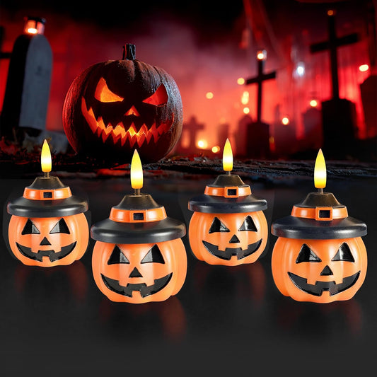 Real Wax Pumpkin Candles, 4 Pcs Flickering Flameless Candles with 6Hrs Timer, LED Halloween Pumpkin Lamp, Battery Operated Lights for Home Halloween Decor, Theme Party, Orange