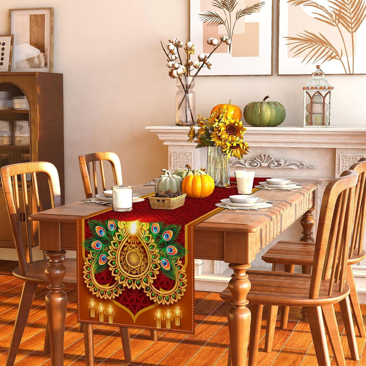 Diwali Table Runner Happy Diwali Tablecloth Indian Deepavali Decor Festival of Lights Decoration and Supplies for Home Kitchen Table-13×72''